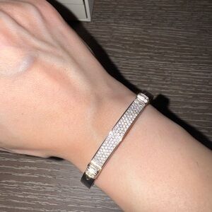 Swarovski Silver Tone Pave Crystal Bangle Bracelet – Hinged Cuff Size Medium